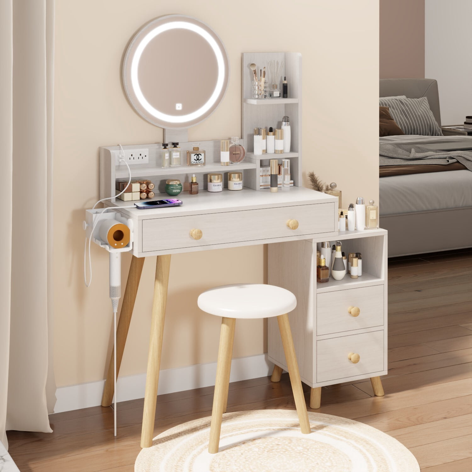 AENKYO Vanity Table Set with LED Mirror & Stool, Touch Control 3-Color Lighting, Multi-Layer Storage, Large Makeup Desk for Girls & Women - White