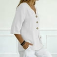 thumbnail image 3 of Solid Color 3/4 Sleeve V Neck T Shirt for Women Casual Buttoned Pullover Tops Loose Fit Lightweight Soft Tees for Summer Daily Outfits and Loungewear, 3 of 7