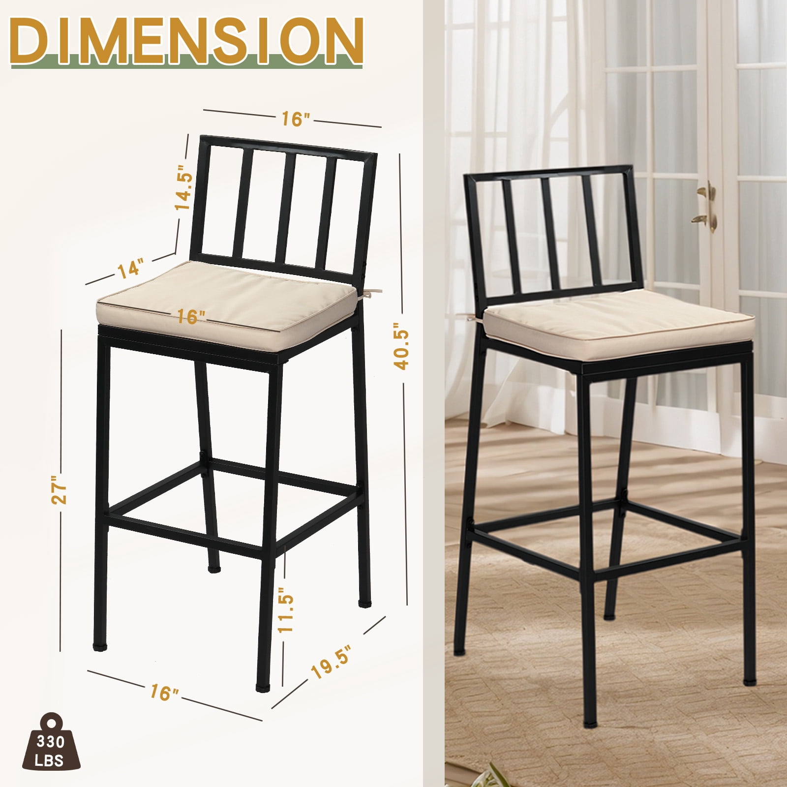 Ktaxon 2Pcs Outdoor Bar Stools, Weather Resistant Outdoor Bar Seating with Detachable Cushion, Heavy-Duty Metal Frame Bar Set of 2 for Garden Porch Pool
