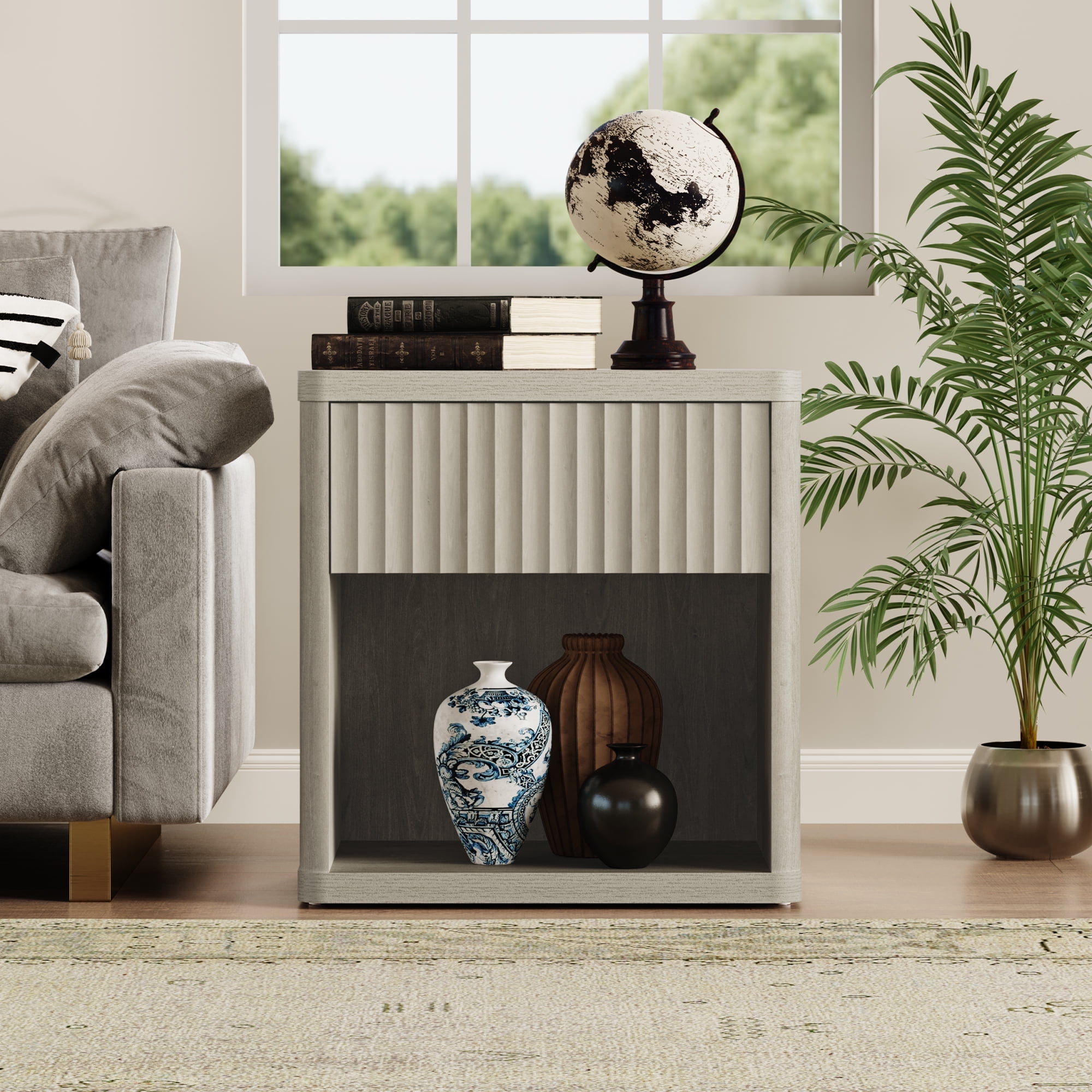SICOTAS Fluted Nightstands for Bedroom Set of 2, Farmhouse Bedside Tables with Drawer & Open Shelf,  Wood End Table for Living Room in Light Grey