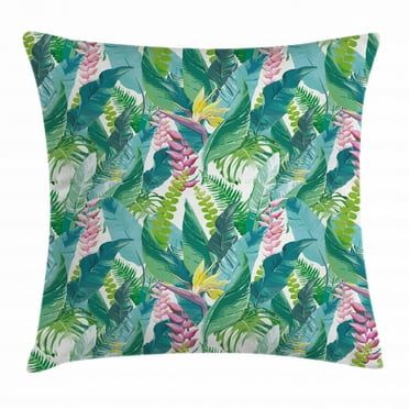 Leaf Throw Pillow Cushion Cover, Summer Spring in Exotic Island with Flowers Plumeria Lilac Image, Decorative Square Accent Pillow Case, 16 X 16 Inches, Pink Light Blue Yellow and Green, by Ambesonne