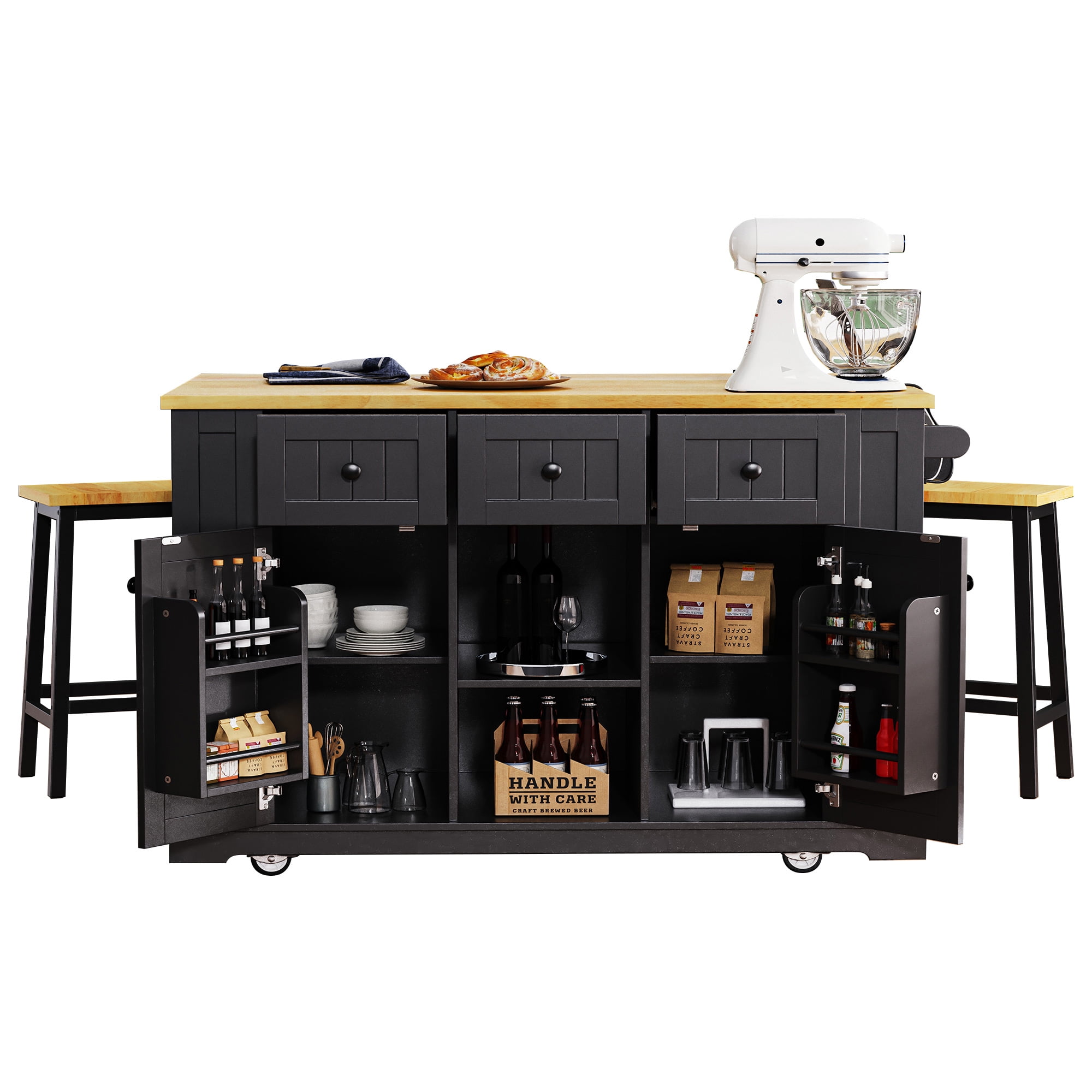 Îlot de cuisine Noble House 135 cm avec 2 tabourets de bar et prise électrique, noir