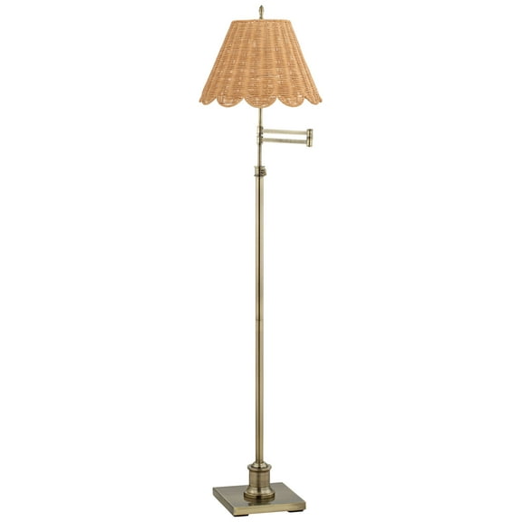 360 Lighting Westbury Natural Cottage 70" Tall Standing Floor Lamp Swing Arm Adjustable Gold Metal Antique Brass Finish Scalloped Rattan Beige Shade