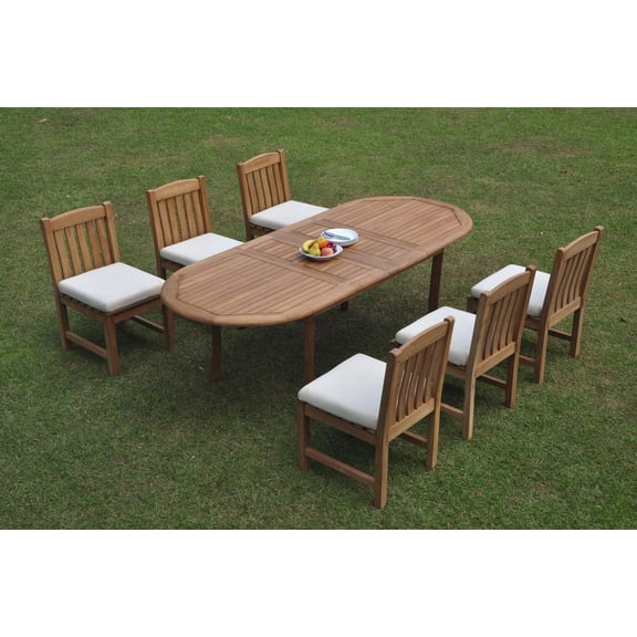 Grade-A Teak Dining Set: 6 Seater 7 Pc: 94" Double Extension Oval Table And 6 Devon Armless Chairs Outdoor Patio WholesaleTeak #WMDV28