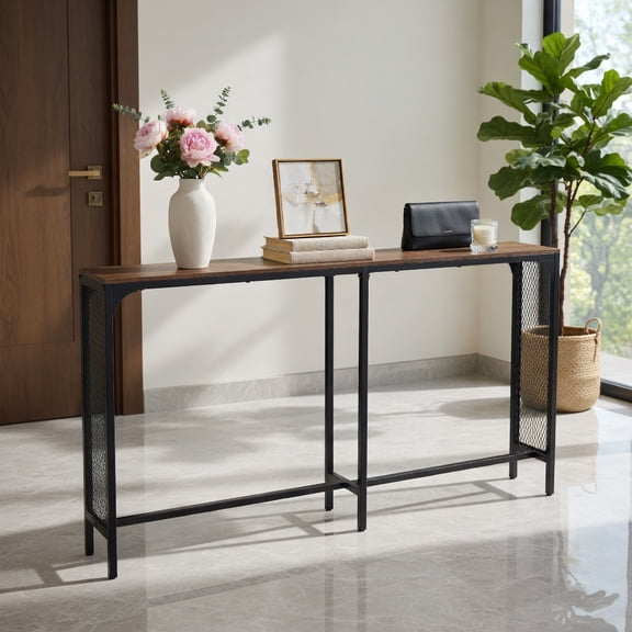 Resenkos 71 Inch Narrow Sofa Table with Power Outlet, Slim Console Table with Charging Station for Small Space, Entryway, Rustic Brown