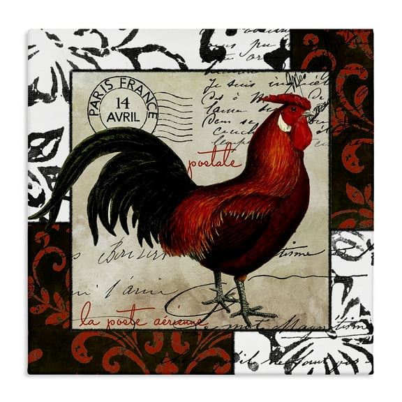 Stupell Industries Rooster & Vintage Post Animals Painting Wrapped Canvas Art Print Wall Art, 17 x 17