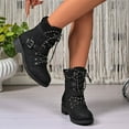 thumbnail image 3 of Ankle Boots for Women Vintage Leather Lace up Low Heel Short Riding Booties Casual Comfy Stretch Knit Trendy Buckle Strap Zipper Mid Calf Motorcycle Boots Black Size 8, 3 of 6