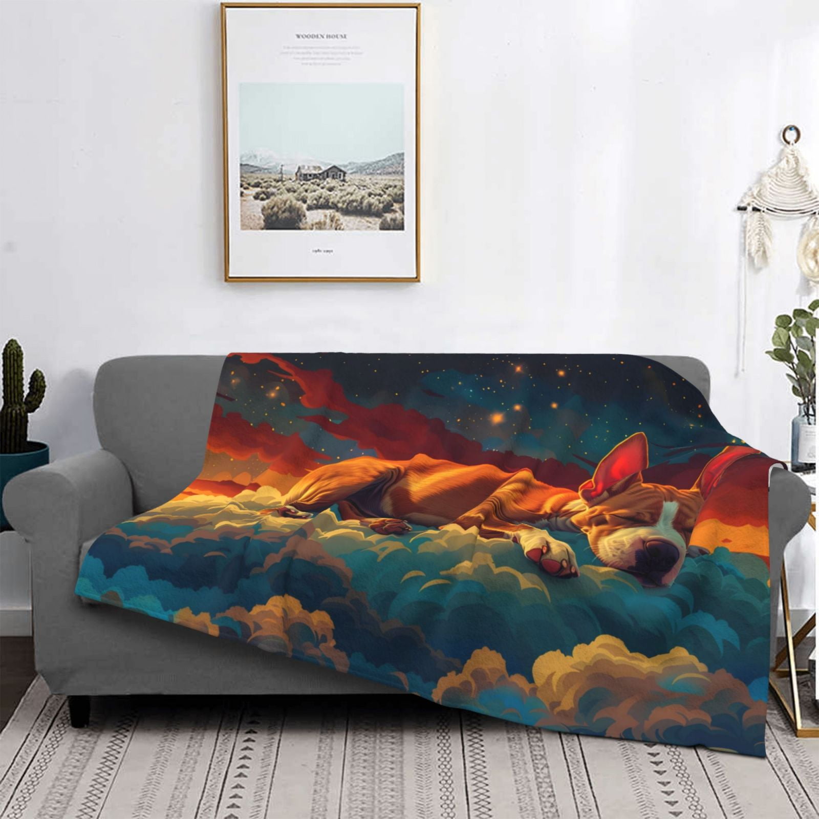Throw Blanket for Couch - Colorful Starry Sky Sleep Dog Soft Comfy Lightweight Cozy Warm Throw Blanket, Fuzzy Plush Flannel Blanket & Throws for Sofa and Bed All Season