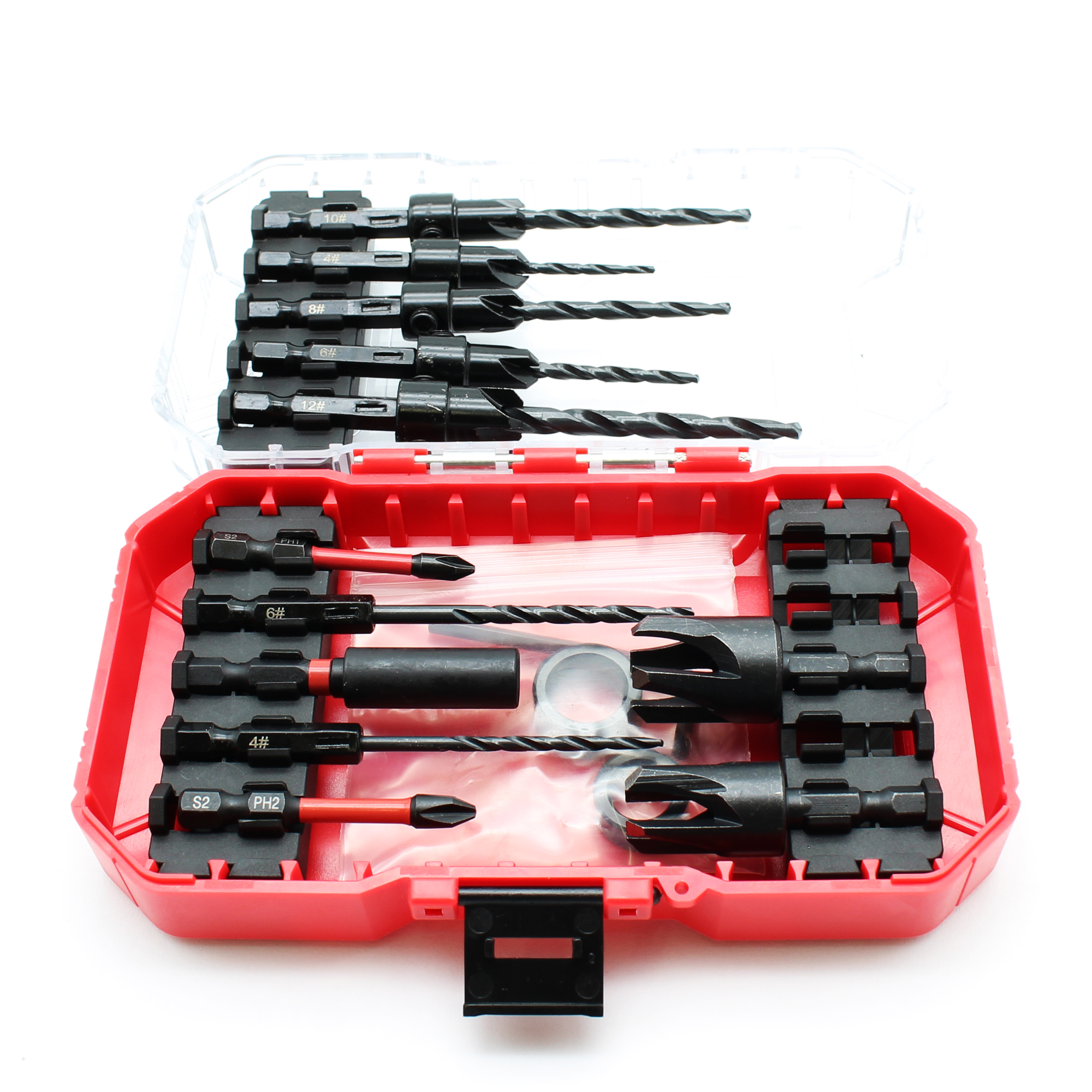 TMAX 15pc Countersink Drill Bit Set for Screws,Tapered Drill Bits with 2pc Wood Plug Cutter and 2pc Phillips Screwdriver bits, 1/4 Inch Hex Shank for Woodworking