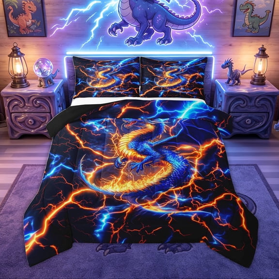 Feelyou Blue Orange Eastern Dragon Full Size Comforter Sets for Men Women Kids, ThUnderwater Fire Wildlife Bedding Sets, Black Reversible, 3 Pieces