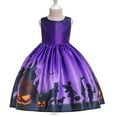 thumbnail image 3 of Kids Girls Halloween Costume Dress w/Witch Hat Pumpkin Skull Printed Fancy Dress Up Cosplay Party Outfits, 3 of 8