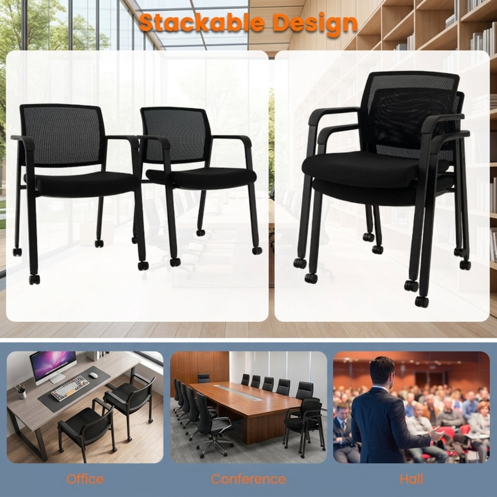Furnibear Set of 2 Stackable Rolling Office Chairs with Ergonomic Mesh Backrest Padded Seat and Casters for Reception Conference Room, Black