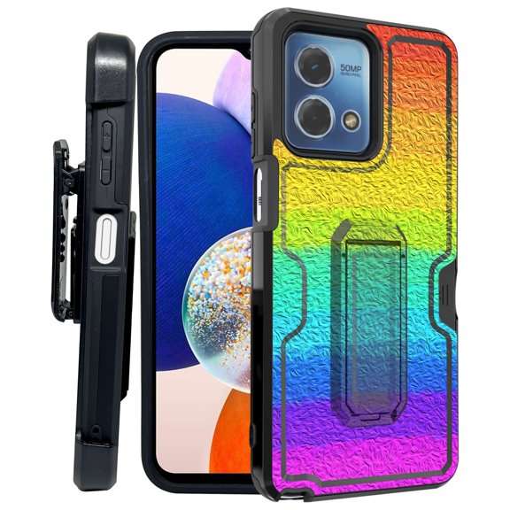 ANJ  Rugged Shockproof Kickstand Hybrid Case with Card Slot and Holster   Tempered Glass Cover for Motorola Moto G Stylus 5G (2023) - Shades of Rainbow