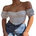 thumbnail image 1 of Women Off Shoulder Cropped Shirt  Short Puff Sleeve Irregular Hem Tops, 1 of 10
