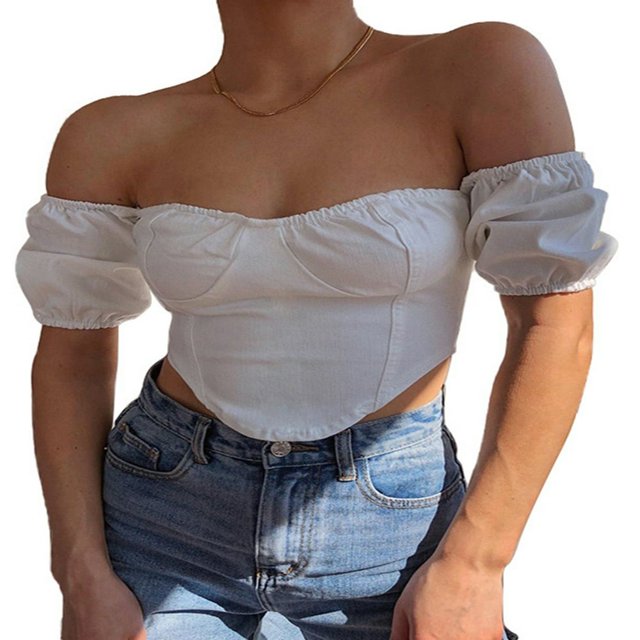 Women Off Shoulder Cropped Shirt Short Puff Sleeve Irregular Hem Tops