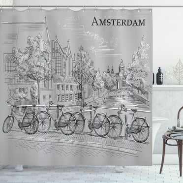 Ambesonne Amsterdam Shower Curtain, Bicycles by the Canal, 69"Wx70"L, Pale Taupe Dark Grey