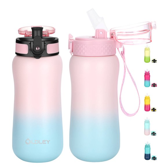 Bouteille d'Eau pour Enfants Isolée de 12 oz avec Paille/chug/2 Couvercles à Ouverture en un Clic Passoire à Fruits Bouteilles d'Eau en Acier Inoxydable Double Paroi sous Vide Grand Ouverture Sans BPA Anti-Transpiration et Étanche pour l'École Oldley
