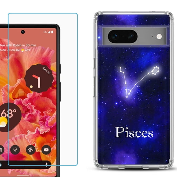 Slim-Fit Gel TPU Phone Case for Google Pixel 7, with Tempered Glass Screen Protector, by OneToughShield ® - Pisces