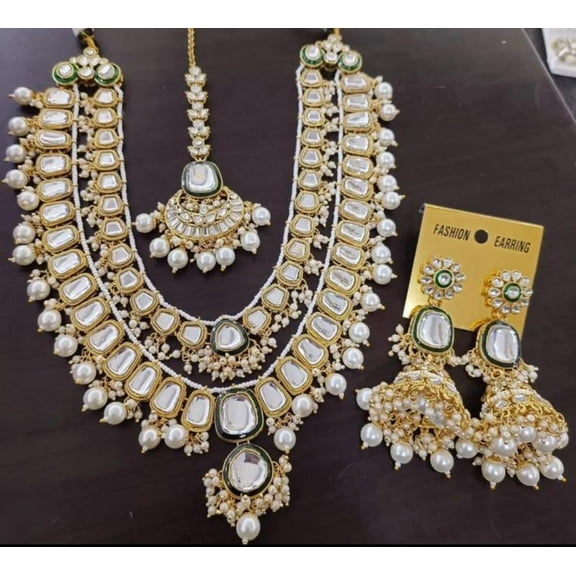 Haya Jewel South Indian Bollywood Royal Look Double Layer Kundan Necklace Set – Gold Plated Matte Finish with White Kemp Stones, Green Outline, Guttapusalu Pearls, Jhumki Earrings & Maangtikka