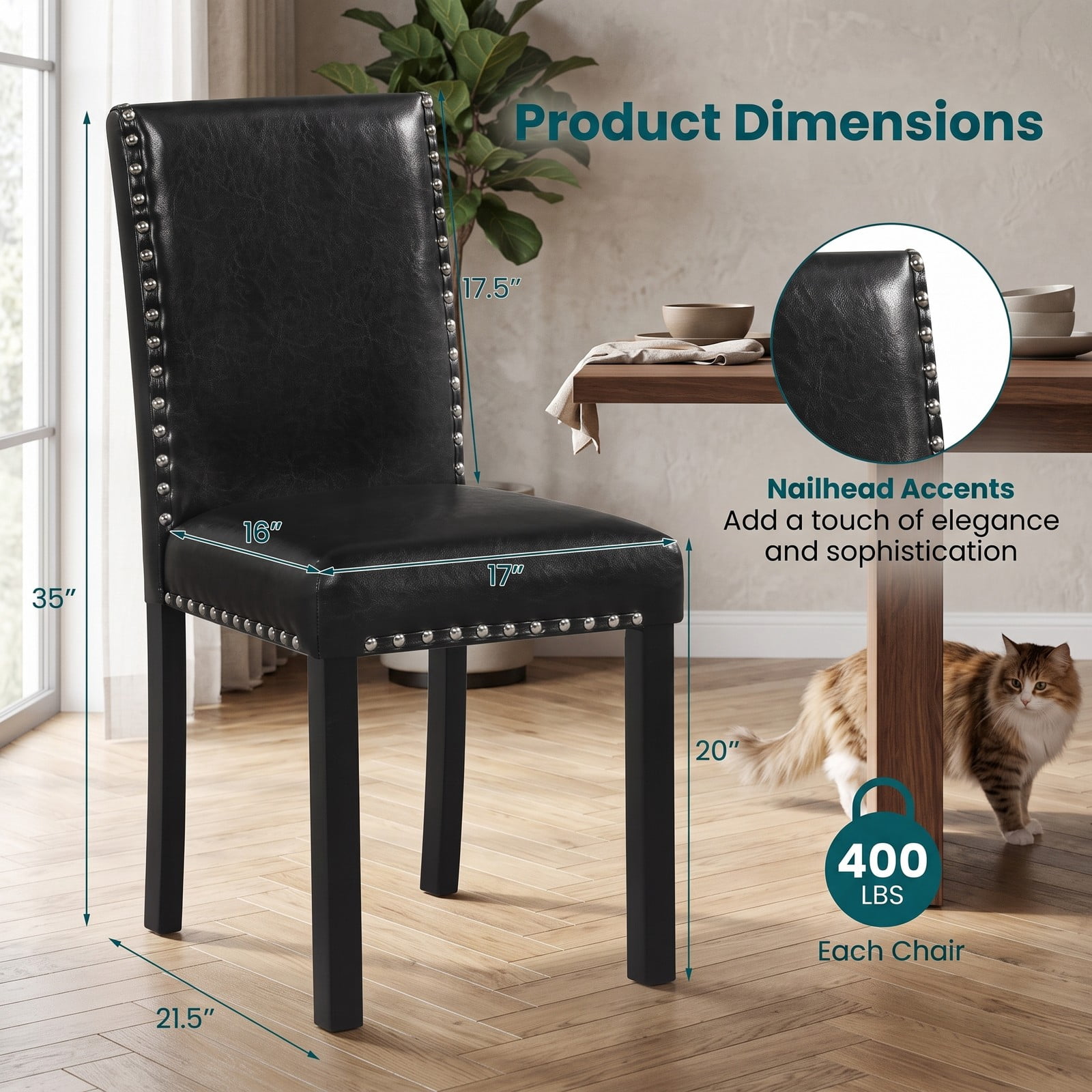 Furnibear Set of 4 Dining Chairs, Upholstered Faux Leather Kitchen Chairs with Solid Rubber Wood Legs, Nailhead Trim Armless Side Chairs for Dining Room, 400, Black