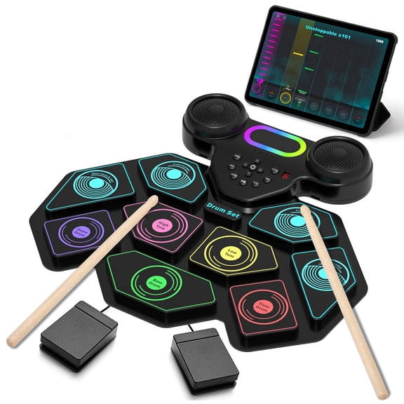 Lvelia Electronic Drum Set for Kids Adults,9-Pads Roll-up Drum Pad Electric Drum Set with Headphone Jack Built-in Speaker Sticks Foot Pedals for Christmas Birthday Gift