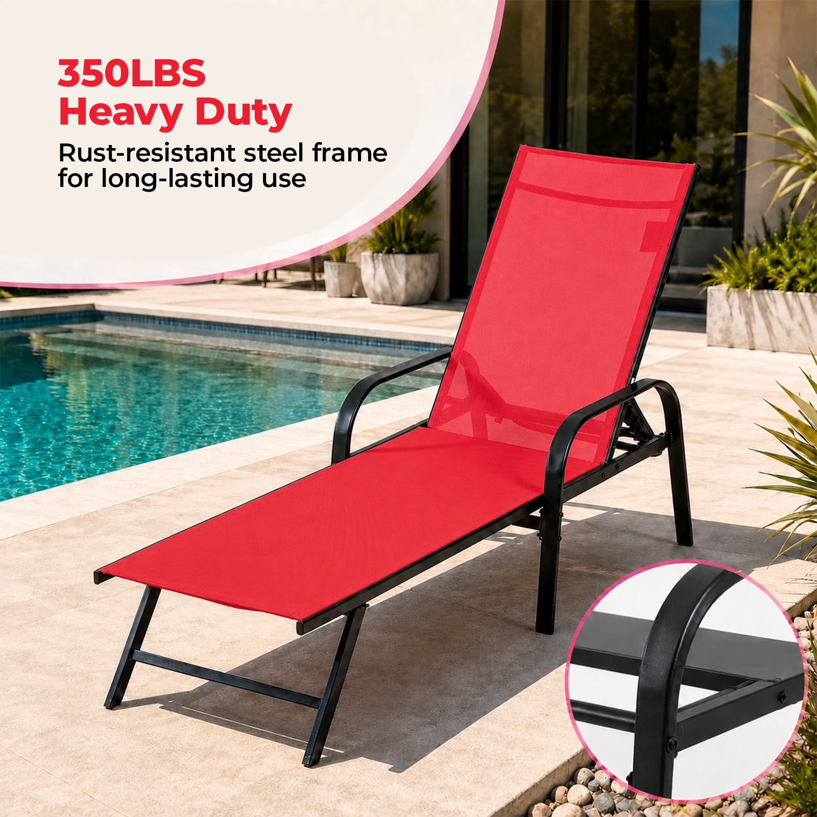 Alvantor Folding Chaise Lounge Chair, Patio Sun Tanning Chair with 4-Position Reclining Back, Outdoor Patio for Beach, Poolside, Yard