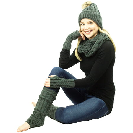 Exotic Identity Pom Pom Hat, Infinity Scarf, Fingerless Gloves, and Leg Warmers Cable Knit 4-Piece Gift Set Tundra Cold Weather Wear for Women - One Size - Grey