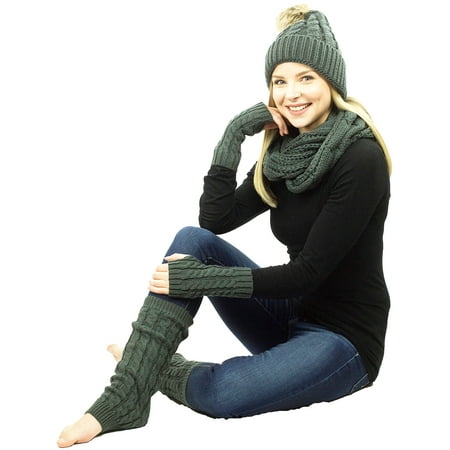 Exotic Identity Pom Pom Hat, Infinity Scarf, Fingerless Gloves, and Leg Warmers Cable Knit 4-Piece Gift Set Tundra Cold Weather Wear for Women - One Size - (Best Women's Cold Weather Gloves)