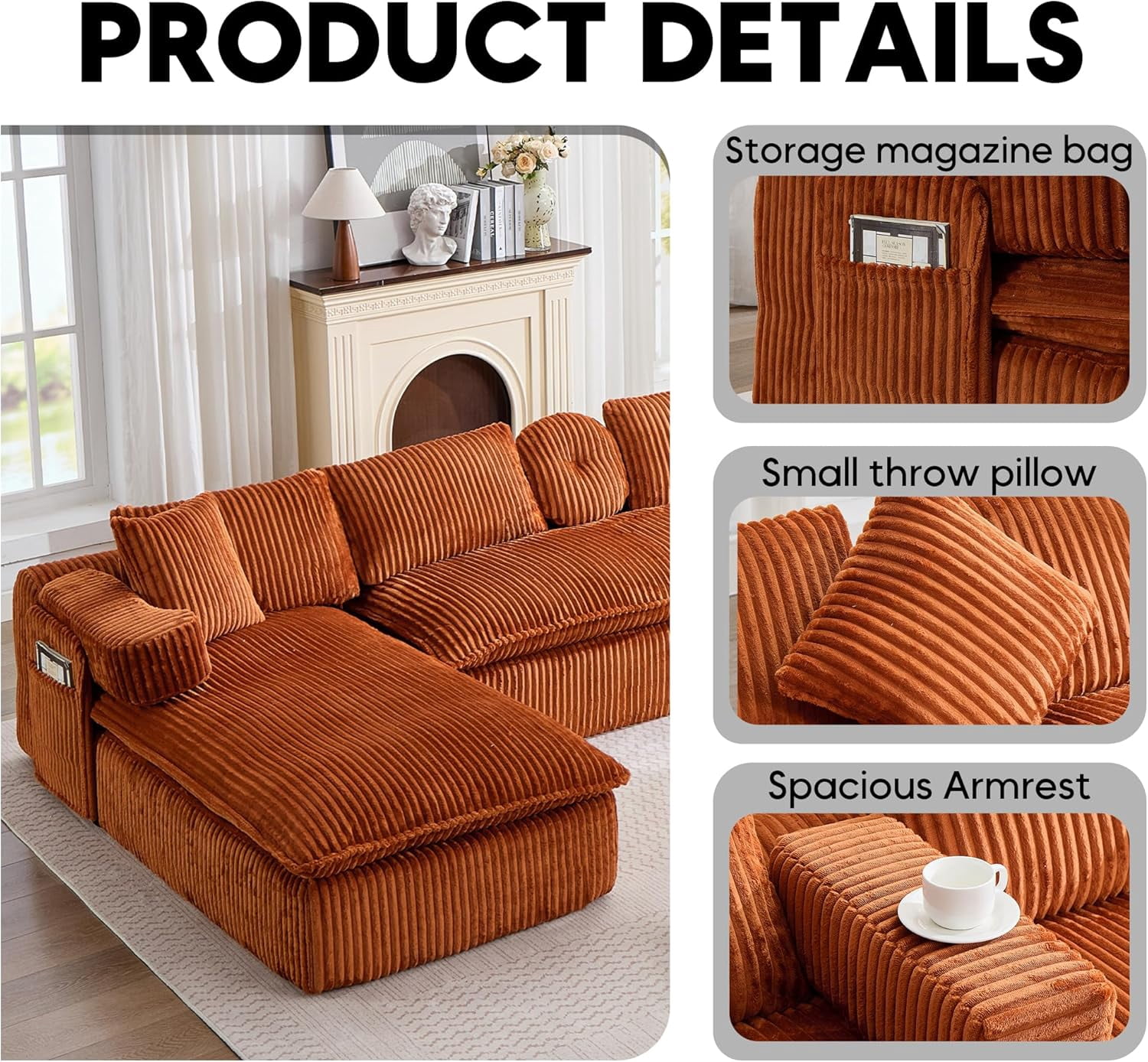 Howcool 149"W Oversized Modular Sectional Sofa,7-in-1 Corduroy U Shaped Sofa Couch with Double Chaise Lounge,Convertible Sleeper Sofa Bed,Deep Seat Cloud Couch for Living Room,Orange