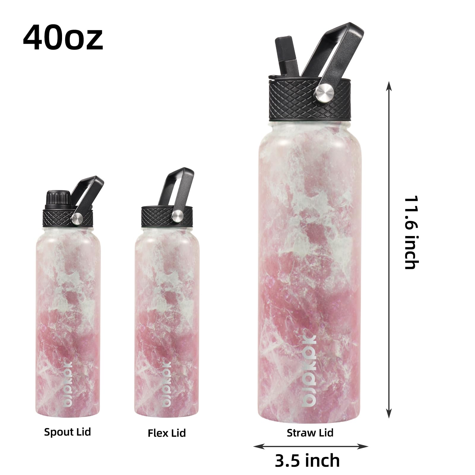 BJPKPK Insulated Water Bottles with Straw Lid, 40oz Stainless Steel Water Bottles with 3 Lids, Large Metal Water Bottle, BPA Free Leakproof Thermos Water Bottle for Sports & Gym- Blossom