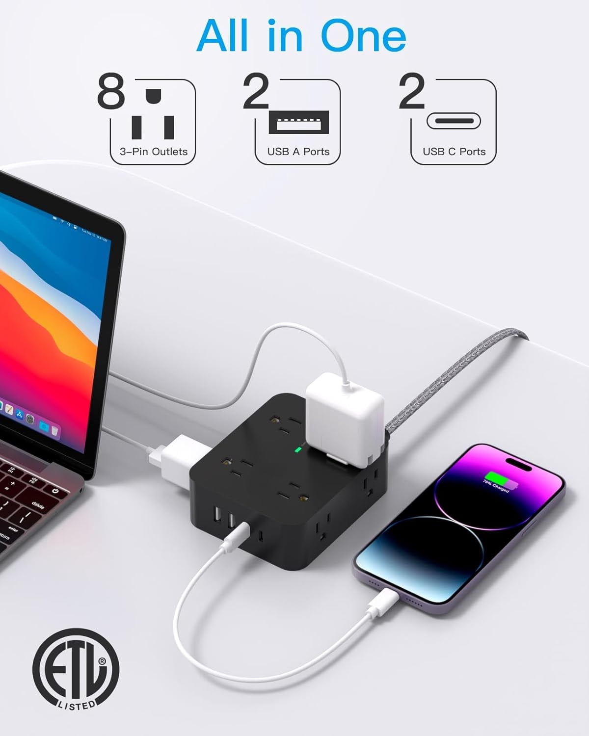 AllWays Plaza Long Extension Cord 15 ft, Surge Protector Power Strip 15 Feet with 4 Outlets 4 USB Ports (2 USB C), 3 Prong Desk Charging Station, Wall Mount for Indoor Essentials