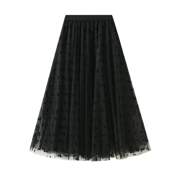 Falda tutú de tul Vintage larga de moda para mujer falda plisada de malla de cintura alta con flocado de mariposa Pompotops qwe13081