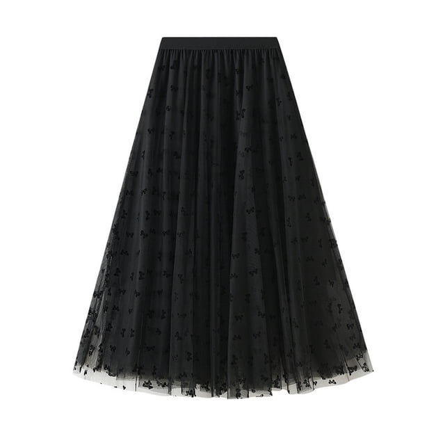 Falda tutú de tul Vintage larga de moda para mujer falda plisada de malla de cintura alta con flocado de mariposa Pompotops qwe13081
