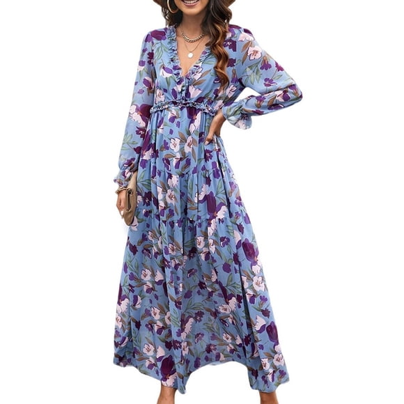Womens Casual Boho Deep V Neck Long Sleeve Long Dress Blue XL
