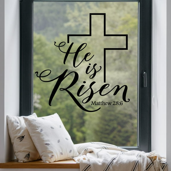 He is Risen Matthew 28:6 with Cross Easter Wall Decal Vinyl Sticker Christ Stickers Scripture Quote Decals - Size: 21"H x 20"L - Color: Black
