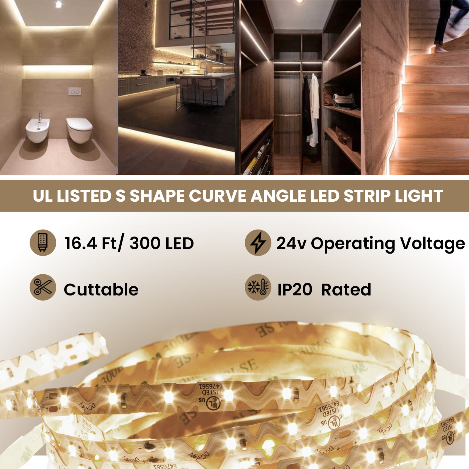 LEDupdates 16ft 2835 LED strip light tape light white flexible SHAPABLE Turn angle with UL power