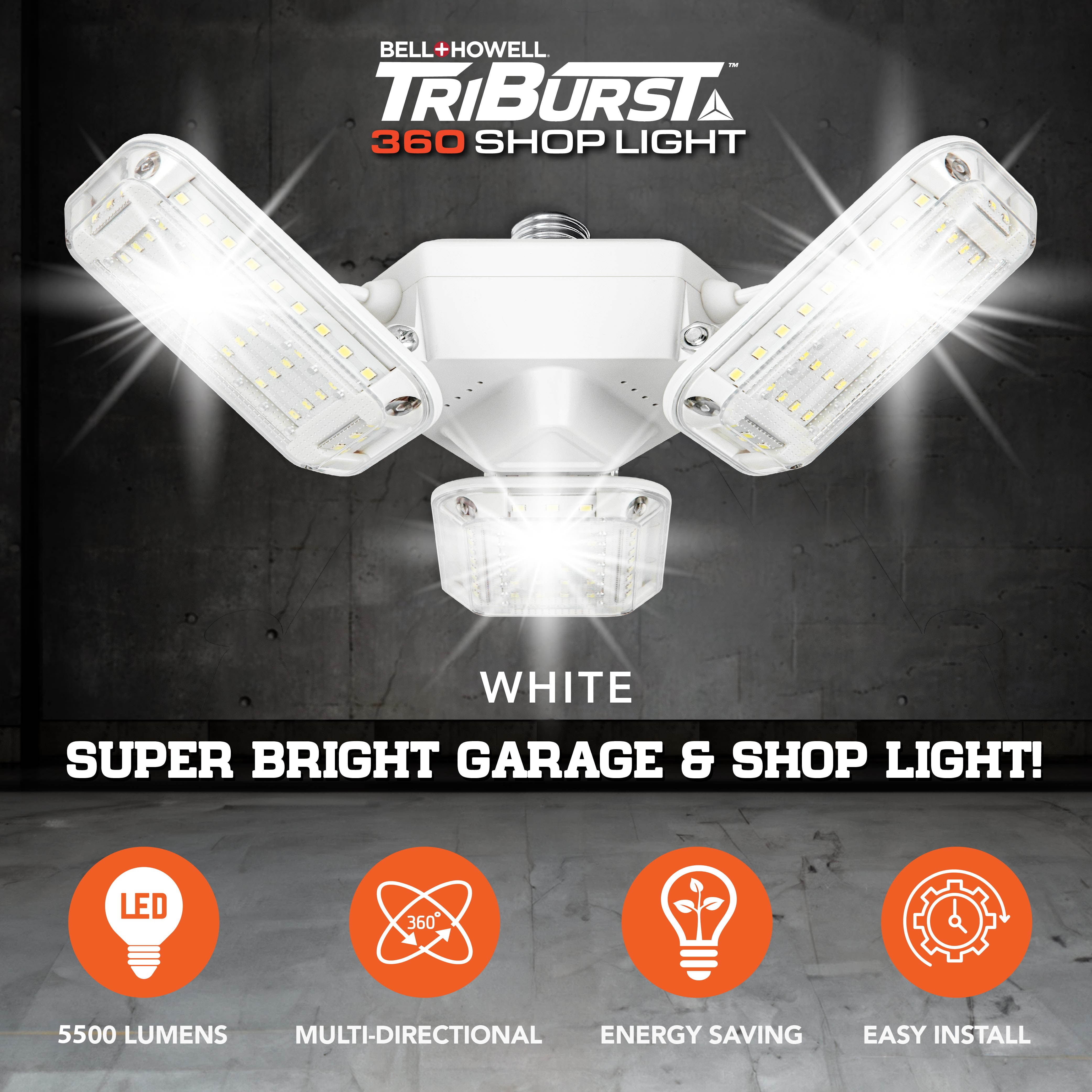 Bell+Howell TriBurst Shop Light Pro 5500 Lumens 360 degrees coverage, 288 Super Bright LEDs, Garage Light Ceiling LED Work Light, Adjustable Triple Panel for Indoor, Bedroom, Fits Standard Sockets