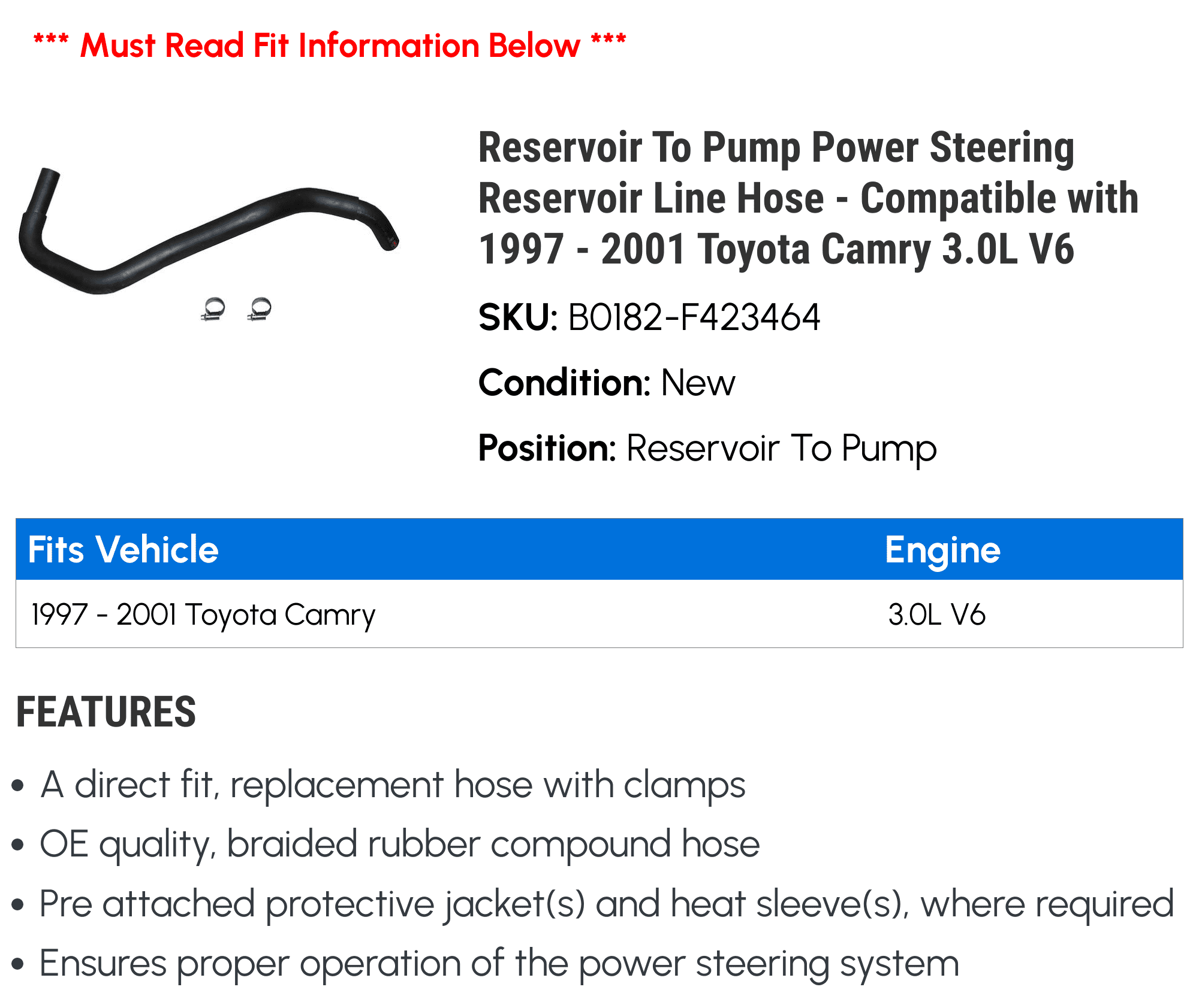 Reservoir To Pump Power Steering Reservoir Line Hose - Compatible with 1997 - 2001 Toyota Camry 3.0L V6 1998 1999 2000