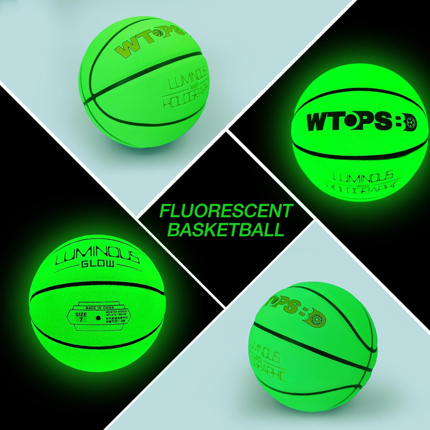 Glow in The Dark Basketball, Cool Glowing Luminous Basketball with Pump and Bag Indoor Outdoor PU Leather Basketballs Size 5/6/ 7