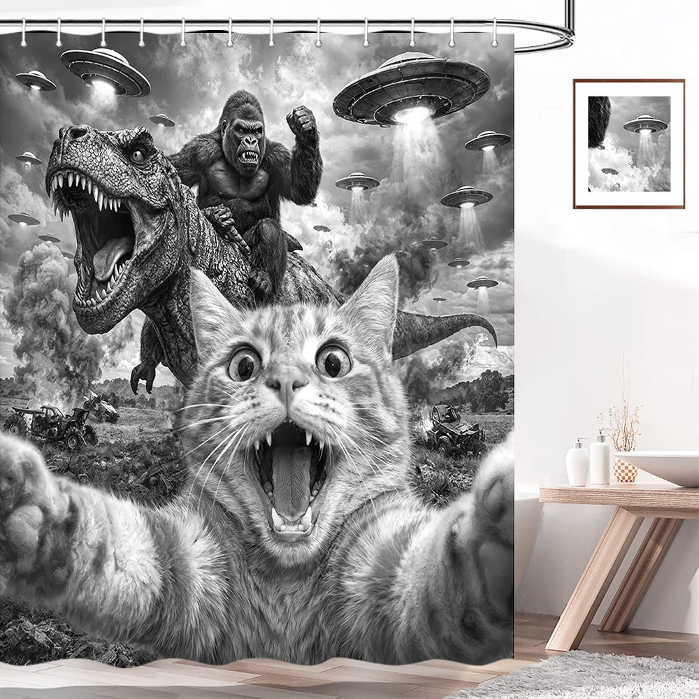 Funny Giant Cat Dinosaur Shower Curtain - Hilarious Selfie Cat UFO Bathroom Curtain Waterproof Fabric Set with 12 Hooks,72X72in