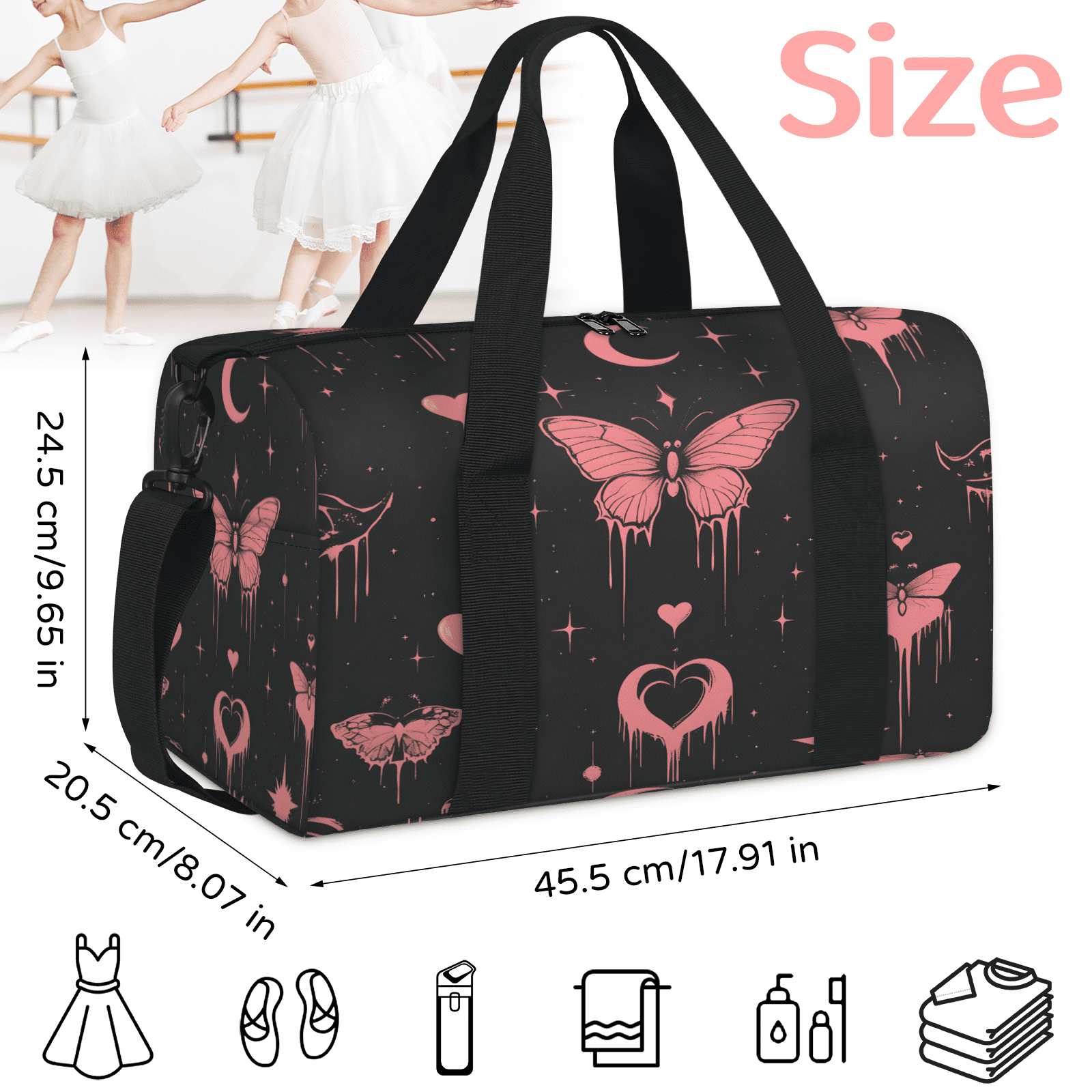 Herdesigns Pink Butterfly Gym Bag for Women, Duffle Bag for Travel Sport, Moon Love Lightweight Waterproof Carry on Weekender Dance Yoga Workout Bags