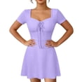 thumbnail image 2 of ClodeEU Women's Square Neck Front Tie Short Sleeve Mini Dress,Casual Slim Waist Flared A Line Sundress Purple,Women's Plus S, 2 of 6