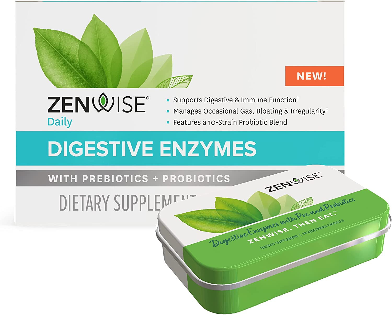 Zenwise Digestive Enzymes, Probiotics, and Prebiotics Supplement - Travel Size Tin 30 Count