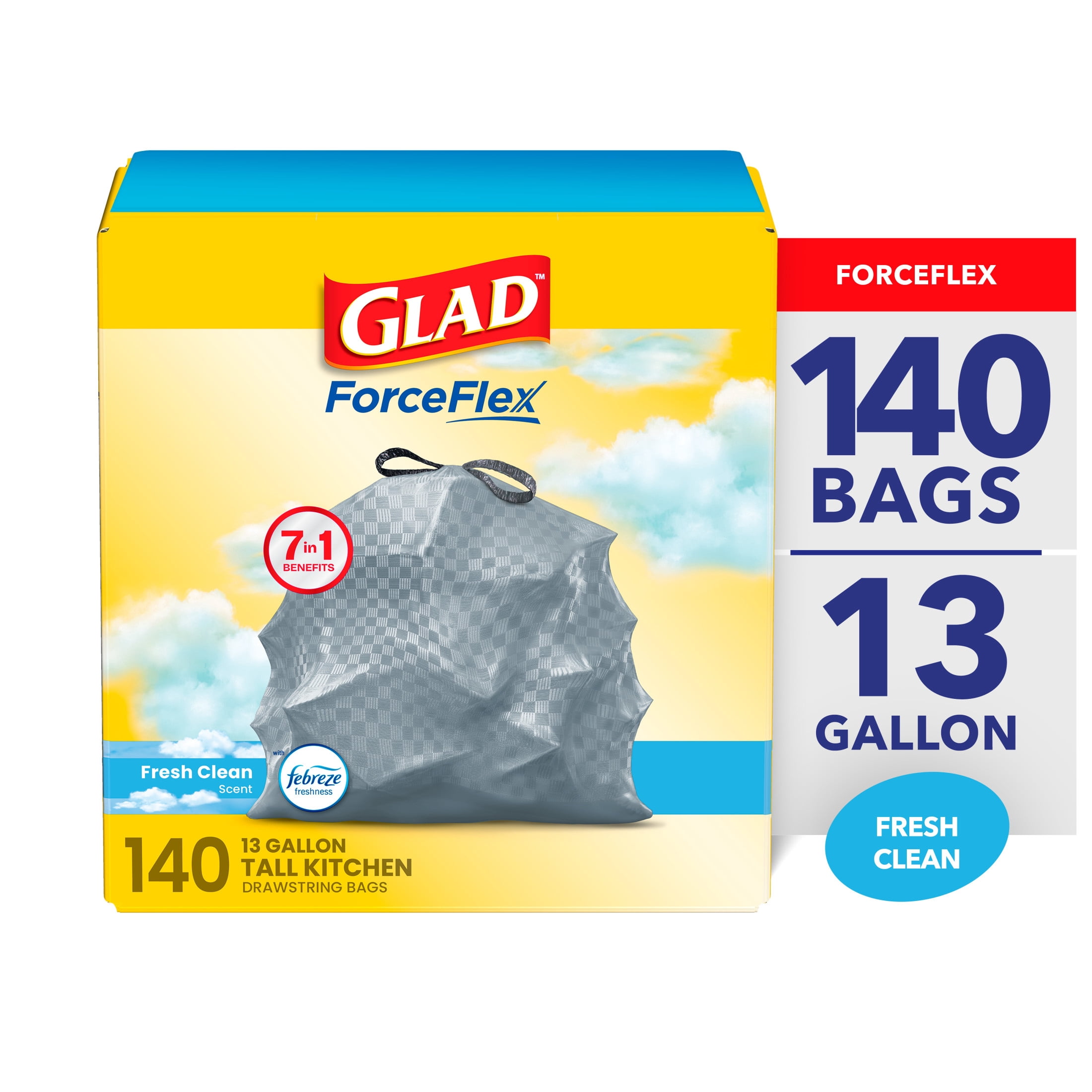 (2 pack) Glad ForceFlex 13-Gallon Drawstring Tall Kitchen Trash Bags, Febreze Fresh Clean Scent, 140 Bags