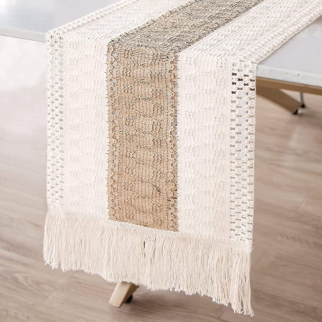 Camino de mesa de macramé estilo granja arpillera natural Boho camino de mesa decoración de granja moderna encaje de ganchillo de algodón tejido rústico para Br rústico bohemio