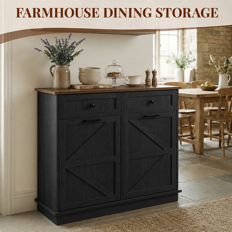 39''W Tilt Out Trash Can Storage Cabinet with 2 Drawers, Farmhouse Kitchen Island with Double 10-Gallon Trash Hidden Cabinet