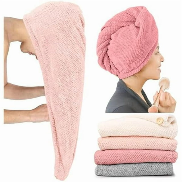 wonima11 Extra Large 4 Pack Microfiber Hair Towel Wrap for Women Super Absorbent & Quick Dry Hair Drying Towels with Button, Hair Turbans for Curly Hair Long & Short Hair - Anti-Frizz Coral Pink