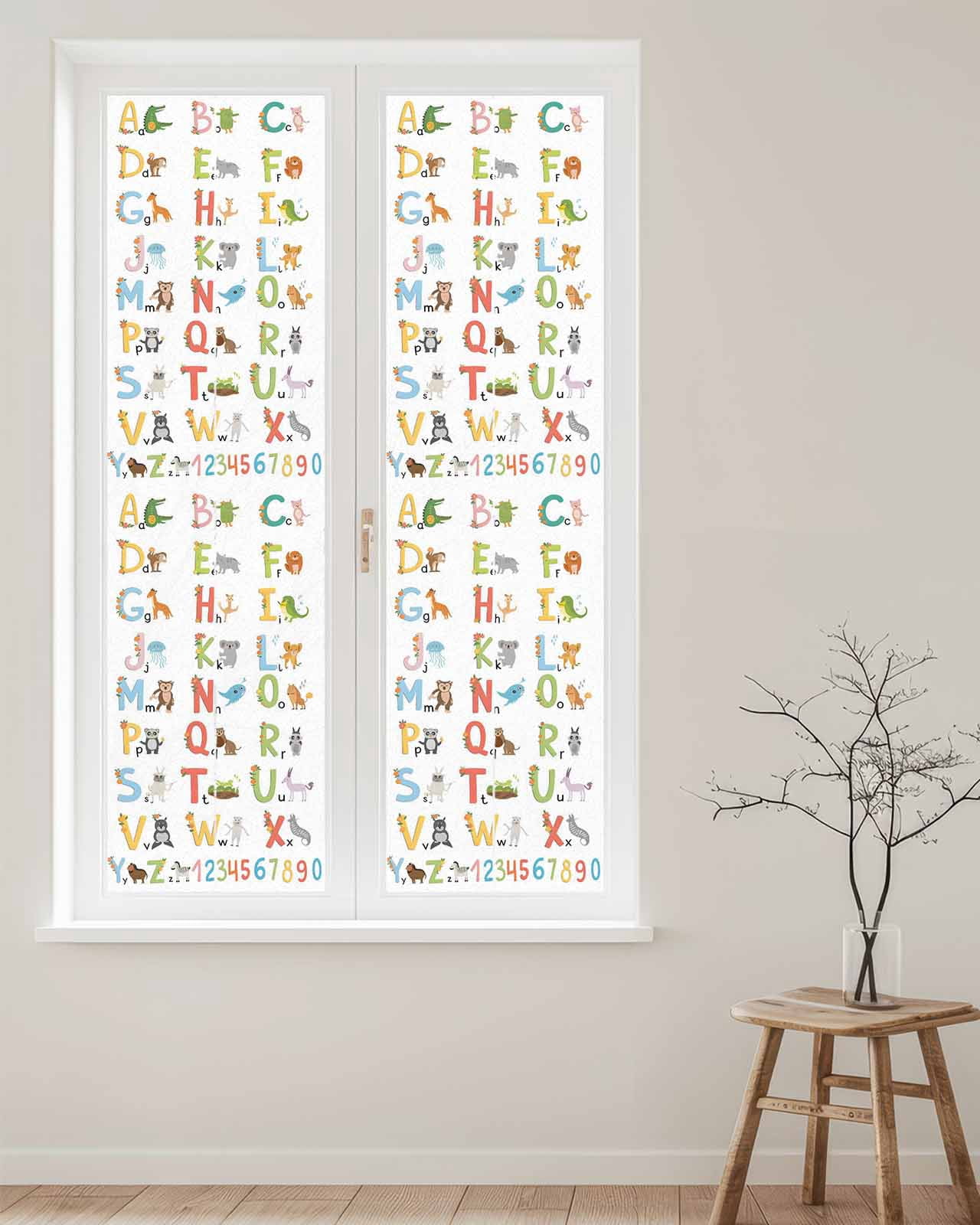 Window Privacy Film Children's Alphabet Stained Glass Window Film Decorative Sun Block Window Cover Colorful Cute Animals Numbers Window Clings Static Adhesive Sticker for Bathroom 29.5"x118"
