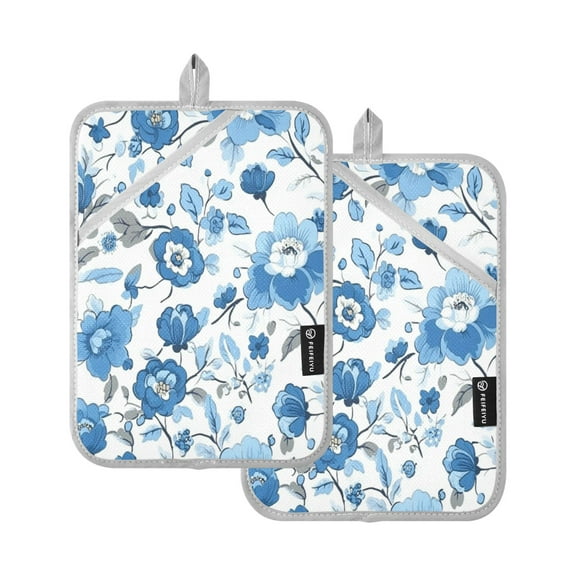 Blue Floral Pattern 7x9.8in Pot Holder Set Heat-Resistant Oven Hot Pads Durable with Storage Loop