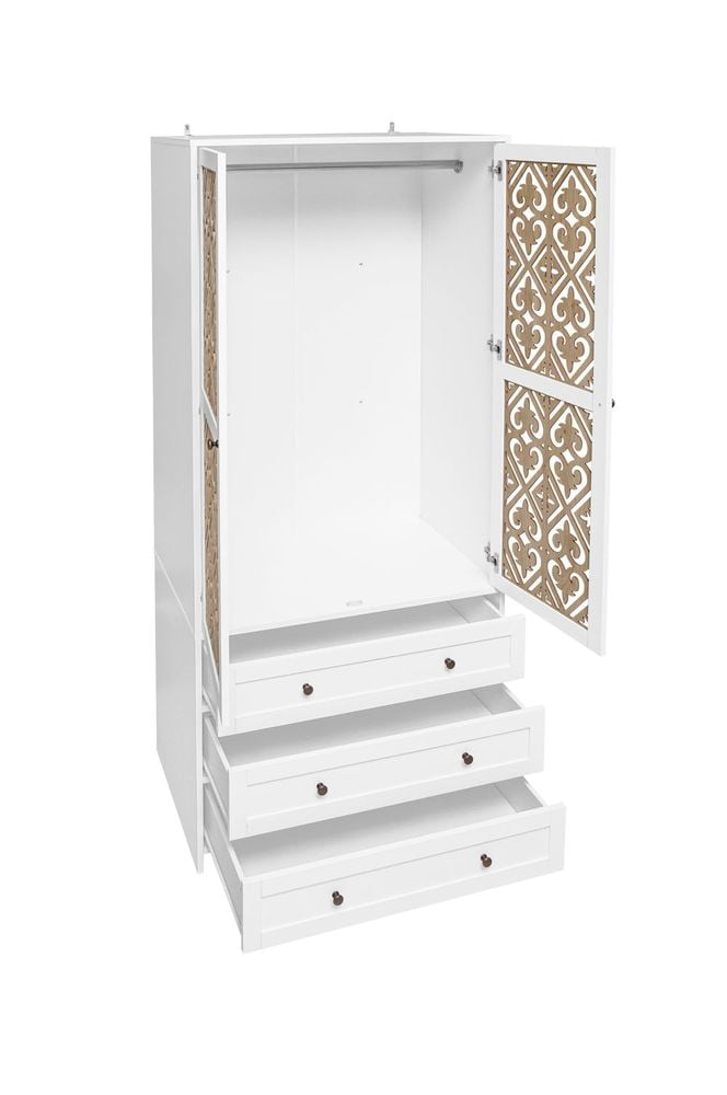 WARMMUSE Wardrobe Closet, Modern Wood  2-Door 3-Drawer Armoires and Wardrobes w/ Hollow Pattern,  Clothes Hanging Rod,  31.4" W x 18.9" D x 71.0" H, White